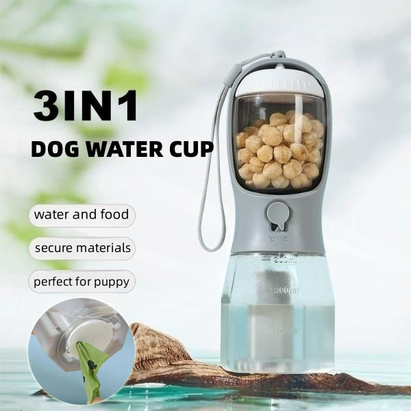 3-in-1 Pet Water Bottle with Food & Waste Bag – Portable Outdoor Solution